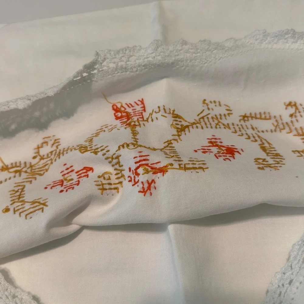 Vintage Pillowcase White Handmade Orange Embroidered Cross Stitch Lace Cottage